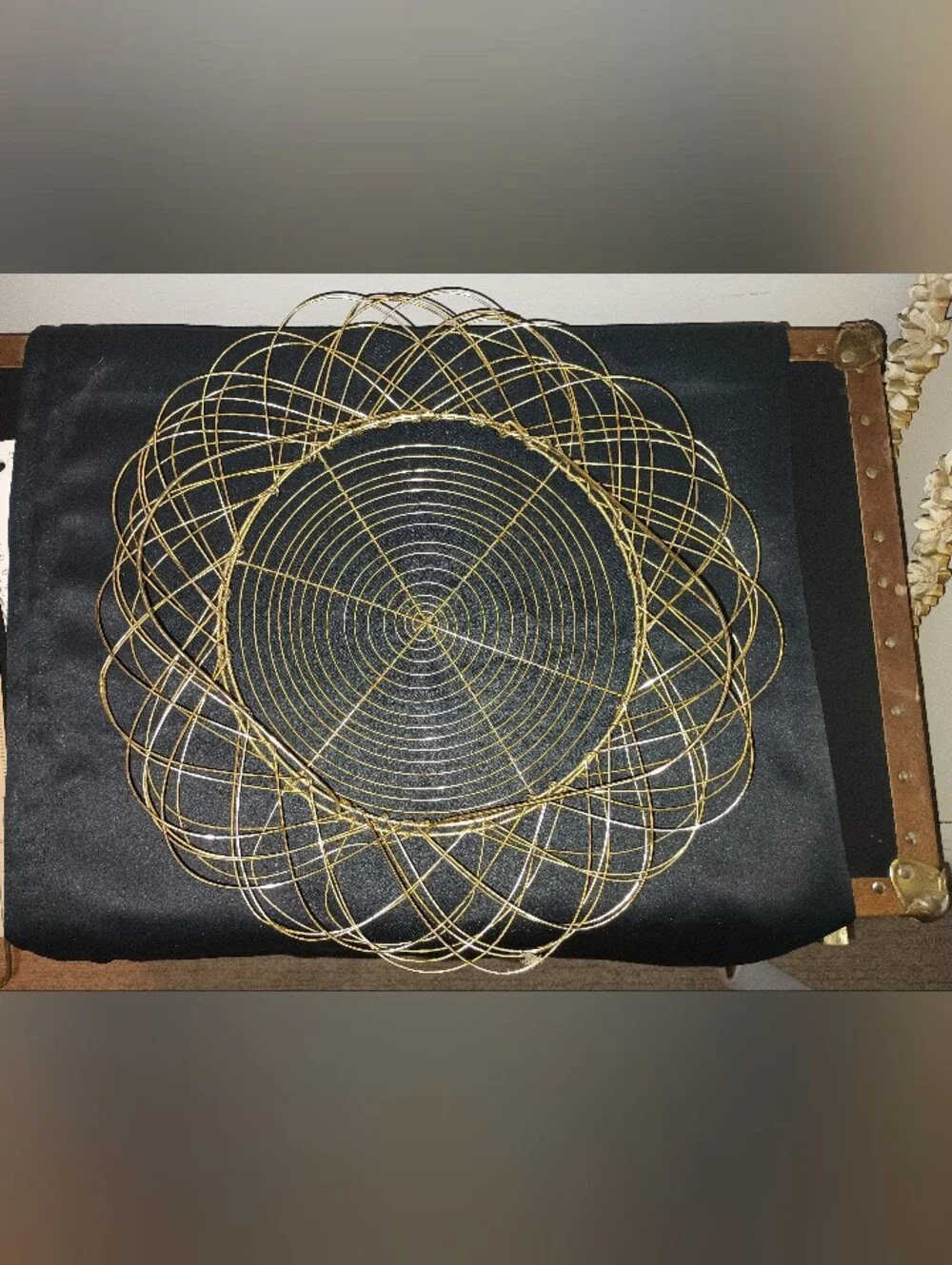 Collapsible Gold Wire Egg Collecting Basket Spirograph Pattern Vintage
